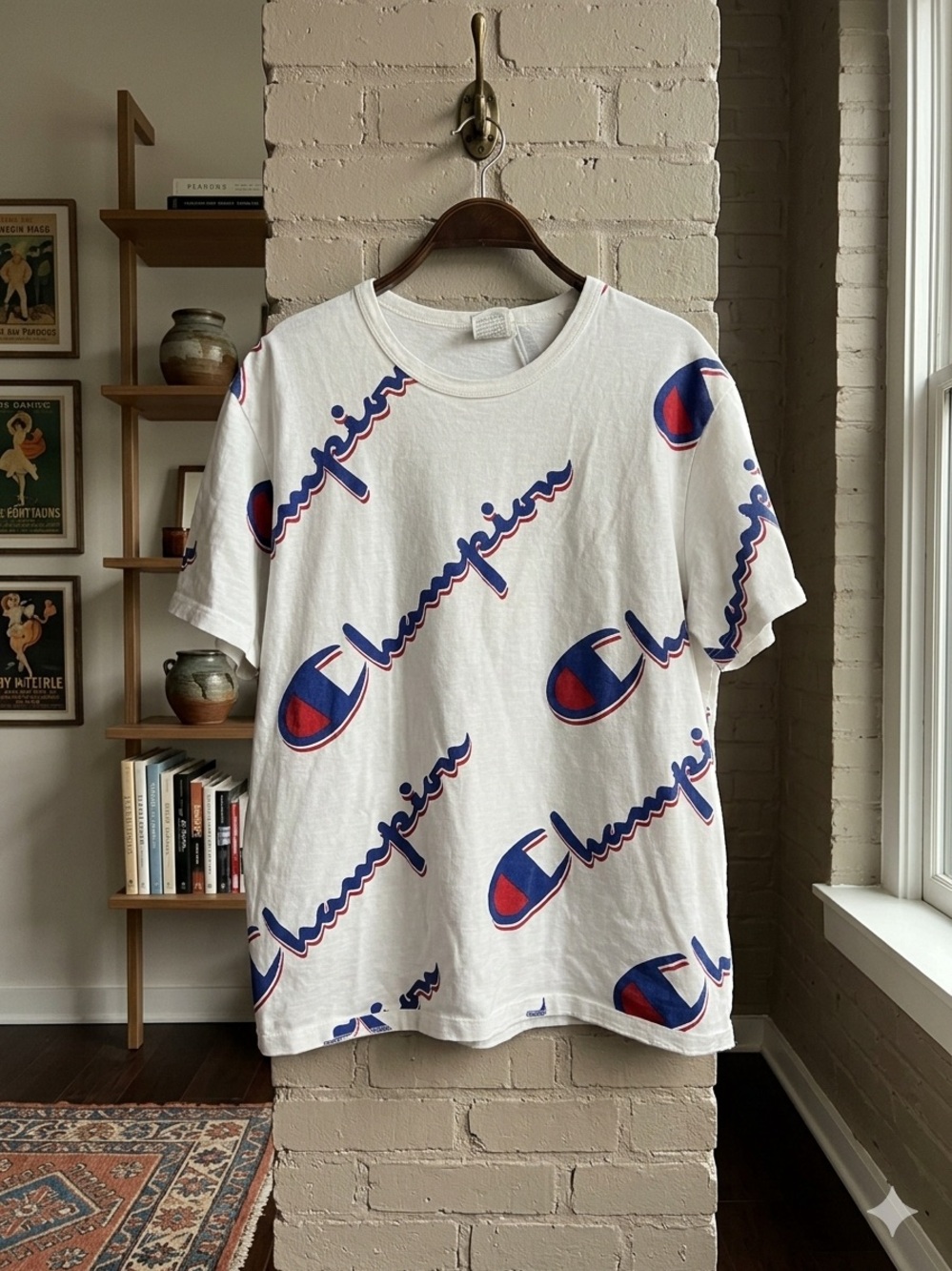Vintage Champion White Tee with Blue and Red Allover Logos